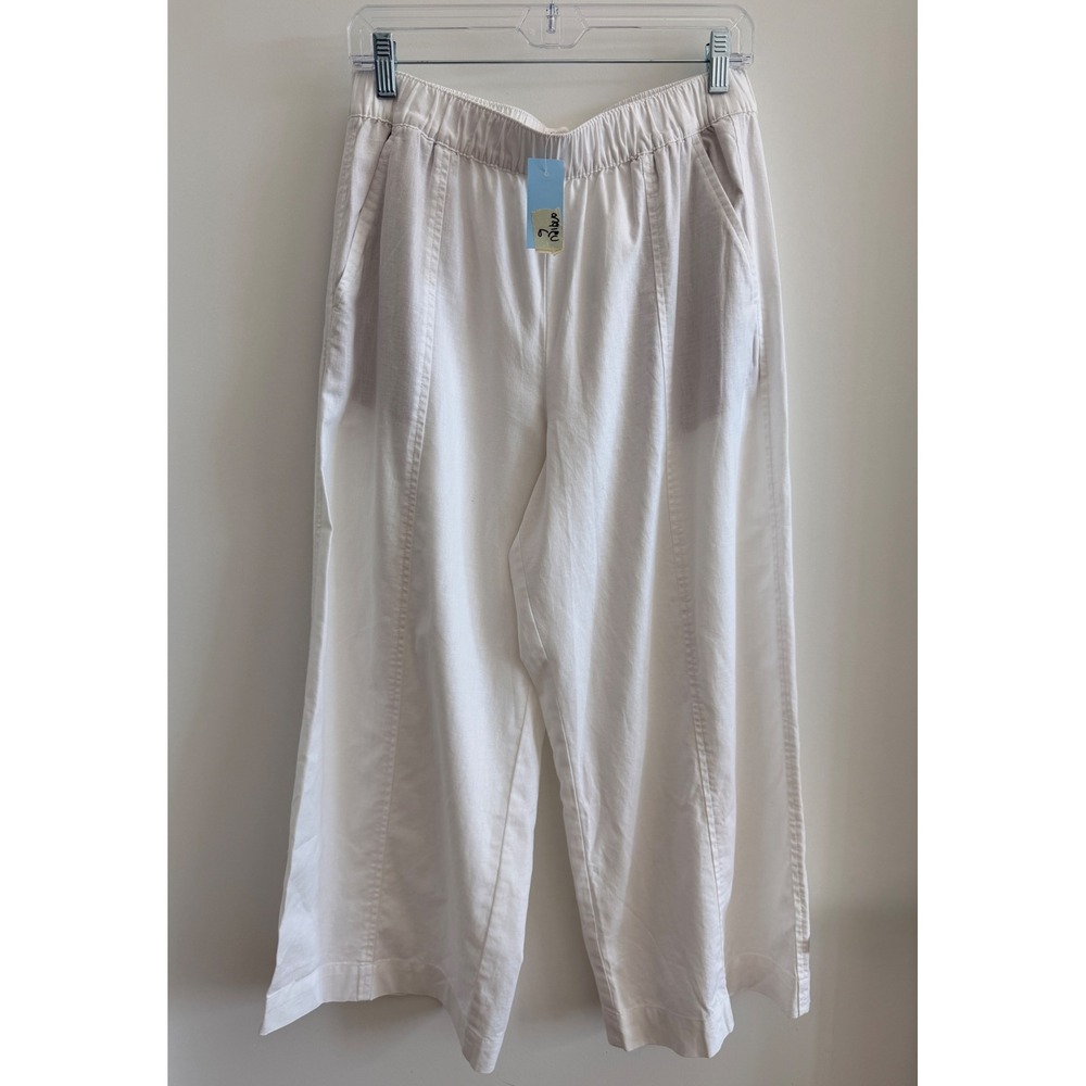 LOFT Wide Leg Crop Pants Womens MP White NWT Linen Blend Elastic Waist Pocket